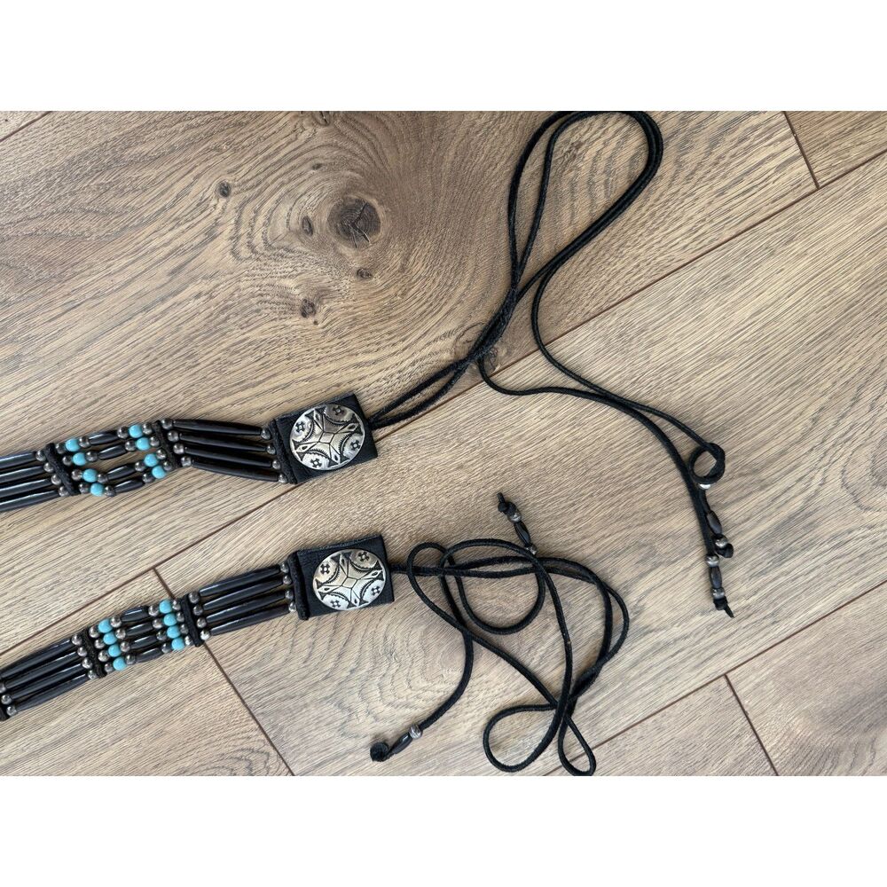 VINTAGE black leather beaded native silver turquoise belt Southwestern native - Picture 3 of 5
